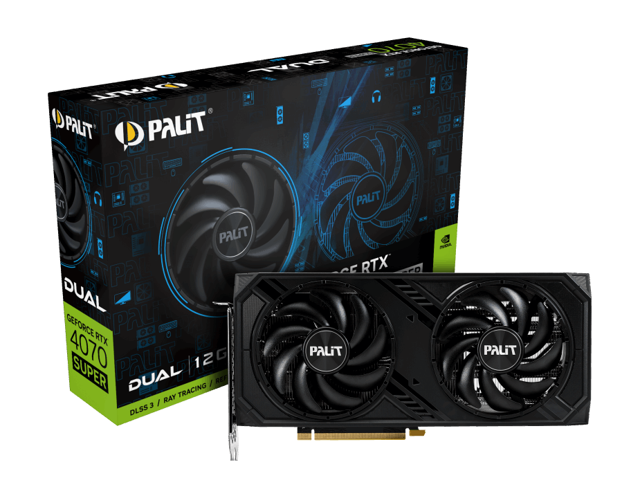 Palit RTX4070 SUPER Palit RTX 4070 Super DUAL, 12GB DDR6X, HDMI, 3 DP, 2475MHz Clock, RGB Lighting - Image 1