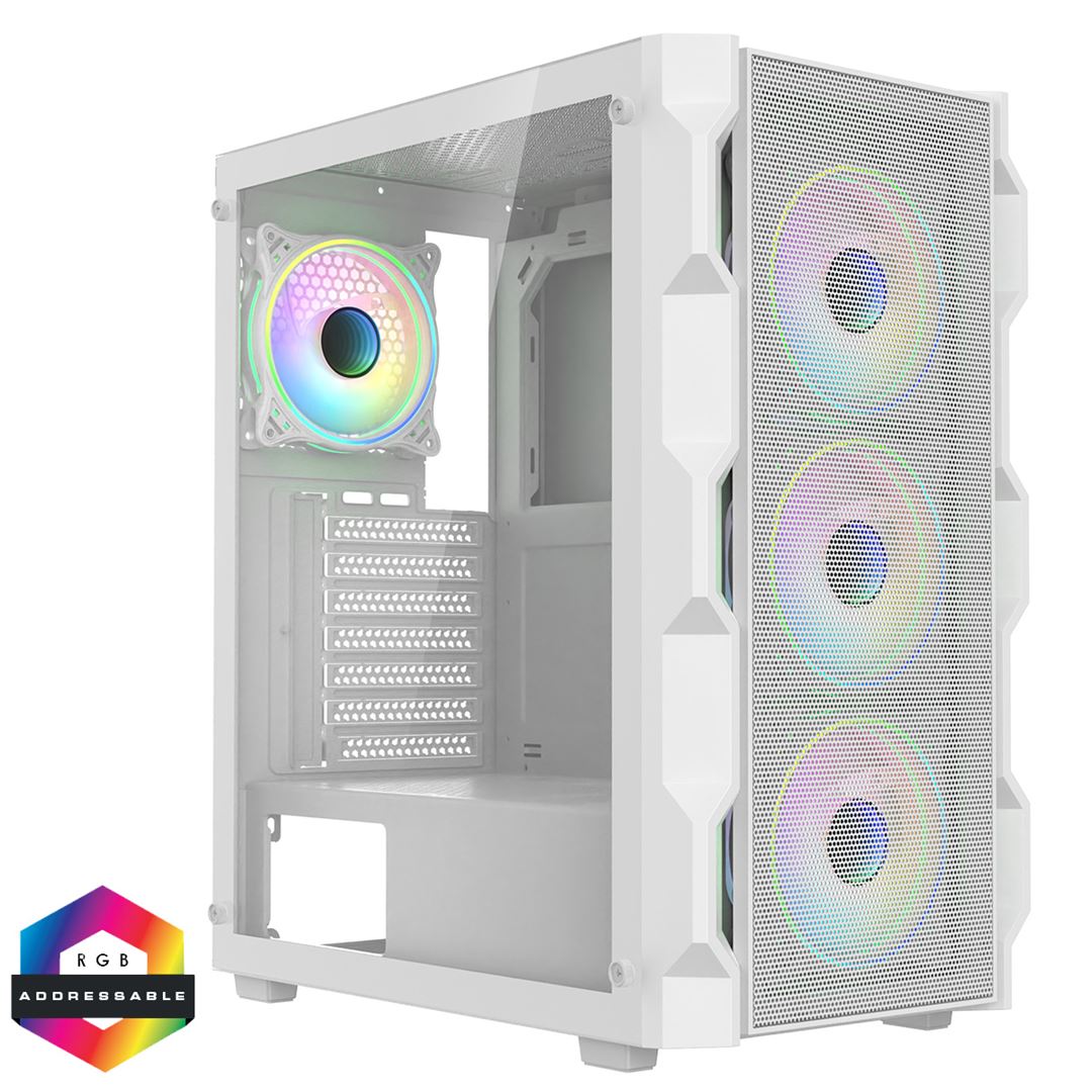 CIT Neo ATX Gaming Case White CIT Neo ATX Gaming Case White 6 Port Hub PWM & 4x ARGB CiT Tornado Dual-Ring Infinity Fans. - Image 1