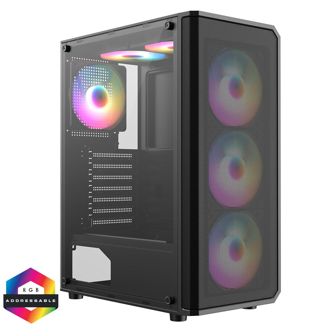 Cit Delta Black Cit Delta Black ATX Gaming Case with MeshABS Front, Tempered Glass Side, 6 x Inner-Ring ARGB Fans - Image 1