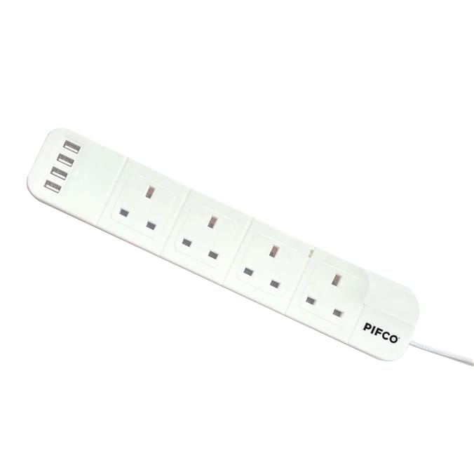 pifco 2m extension 2M Surge Protected 4 Gang Power Extension 2x USB A / 2x USB C - Image 1