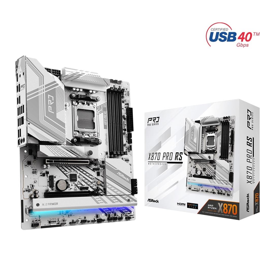 ASRock X870 PRO RS ASRock X870 PRO RS AMD AM5 Socket Motherboard, ATX, 4x DDR5 Slots, 3x M.2 Sockets, 3x USB-C Port, 2.5GbE LAN, 1x HDMI Port - Image 1