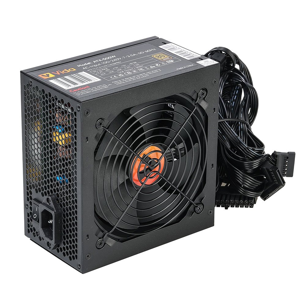 Vida 500W Vida 500W ATX PSU, 80+ Bronze, Fluid Dynamic Ultra-Quiet Fan, PCIe, Flat Black Cables - Image 1