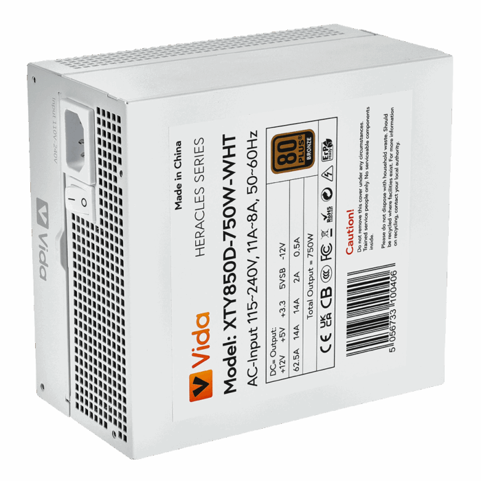 Vida 750W Heracles White ATX Gaming PSU, 80+ Bronze, 14cm Ultra-Quiet FDM Fan, Flat White Cables - Image 4