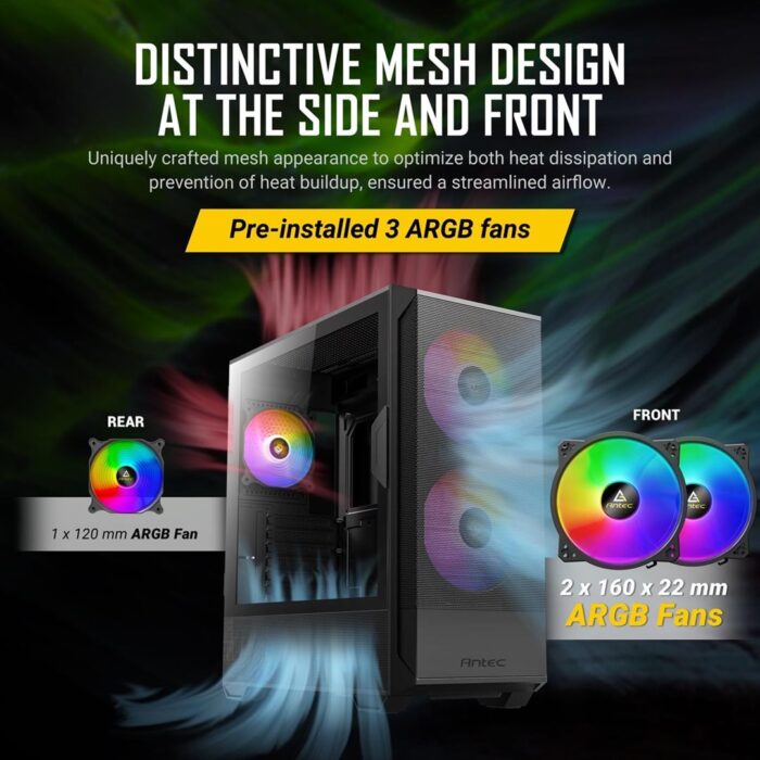 ANTEC NX416L Case, Gaming, Black, Mid Tower, 3 x ARGB Fan - Image 2