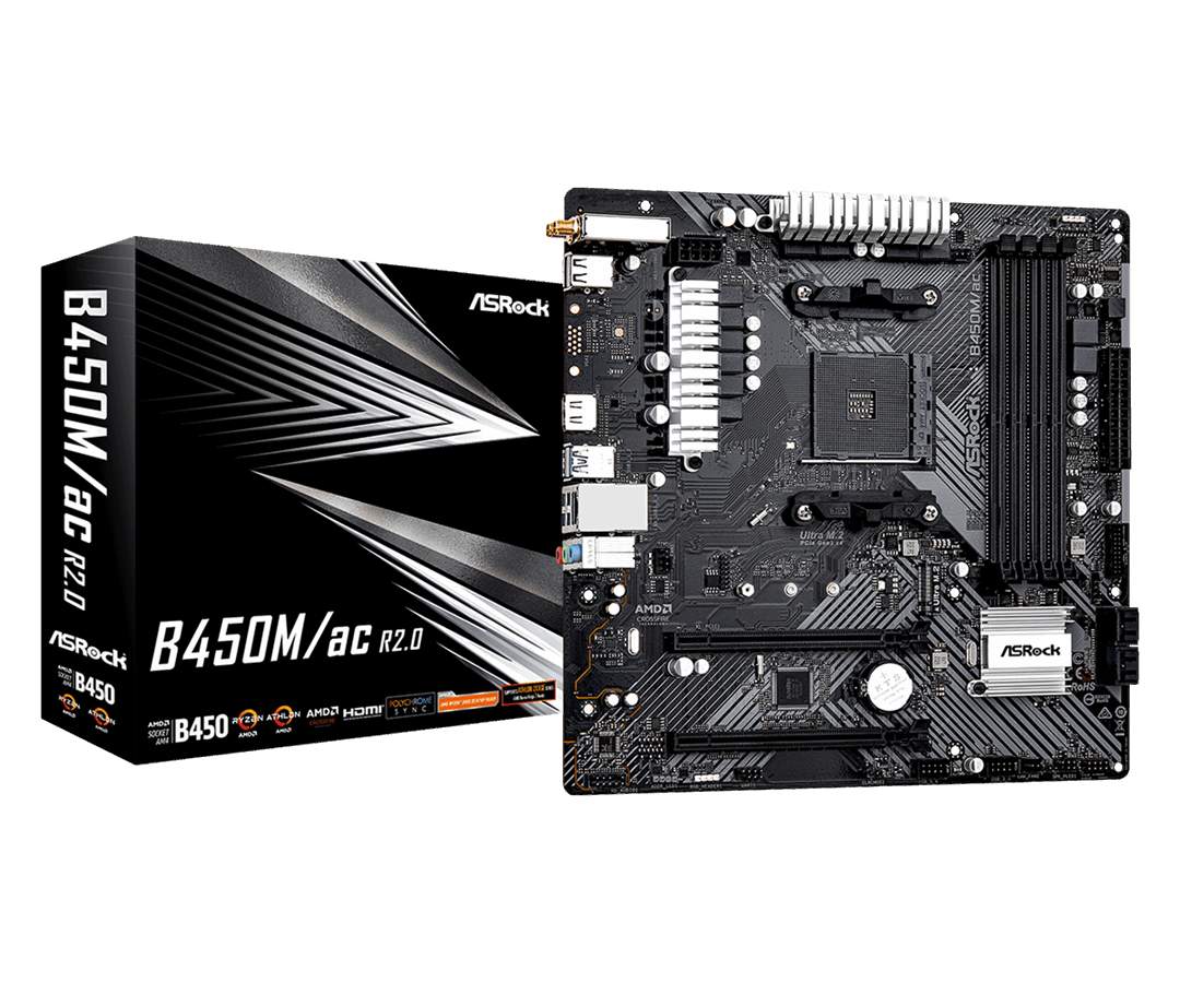 ASRock B450M ac R2.0 Asrock B450M/AC R2.0, AMD B450, AM4, Micro ATX, 4 DDR4, HDMI, GB LAN, AC Wi-Fi, 1x M.2 - Image 1