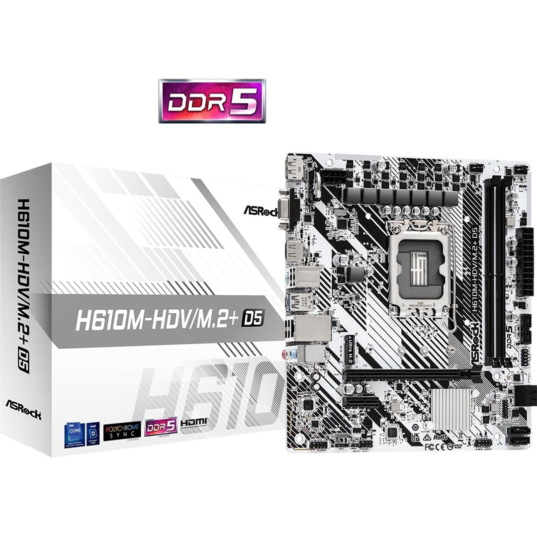 ASRock H610M-HDV ASRock H610M-HDV/M.2+ D5 Intel 1700 Socket Motherboard, Micro-ATX, 2x DDR5 Slots, 1x M.2 Socket - Image 1
