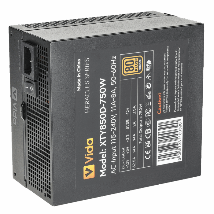 Vida 750W Heracles Black ATX Gaming PSU, 80+ Bronze, 14cm Ultra-Quiet FDM Fan, Flat Black Cables - Image 3