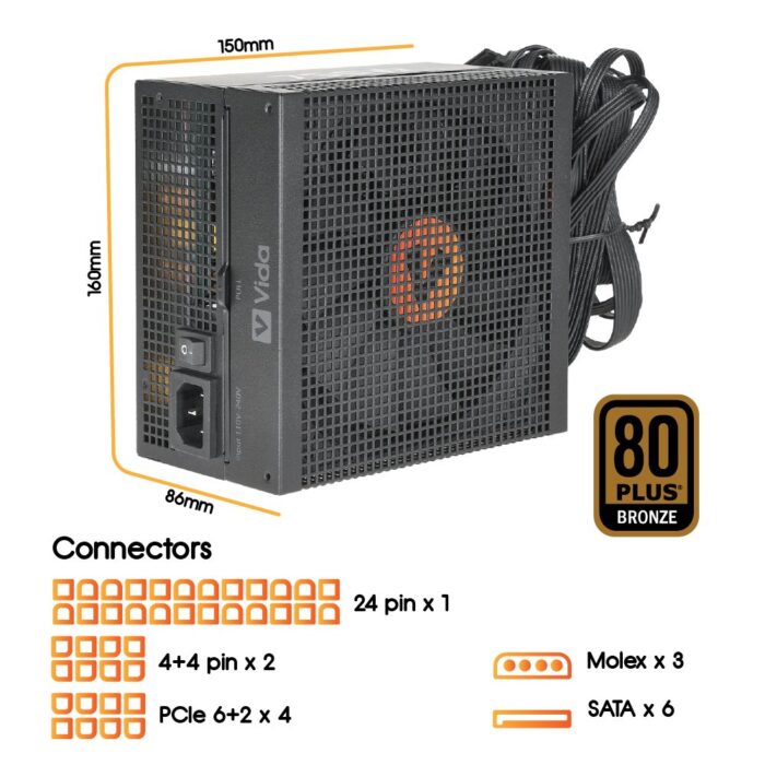 Vida 750W Heracles Black ATX Gaming PSU, 80+ Bronze, 14cm Ultra-Quiet FDM Fan, Flat Black Cables - Image 4