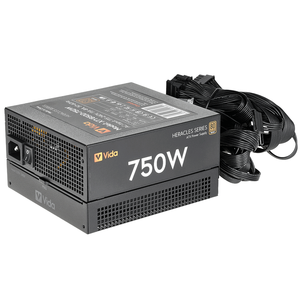 Vida 750W Heracles Black Vida 750W Heracles Black ATX Gaming PSU, 80+ Bronze, 14cm Ultra-Quiet FDM Fan, Flat Black Cables - Image 1