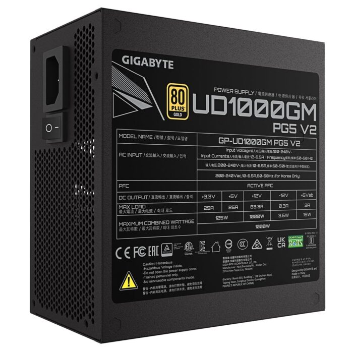 Gigabyte UD1000GM PG5 1000W PSU V2, PCIe Gen 5.1, 80 PLUS Gold, Fully Modular, 120mm Fan, ATX 3.1 - Image 3